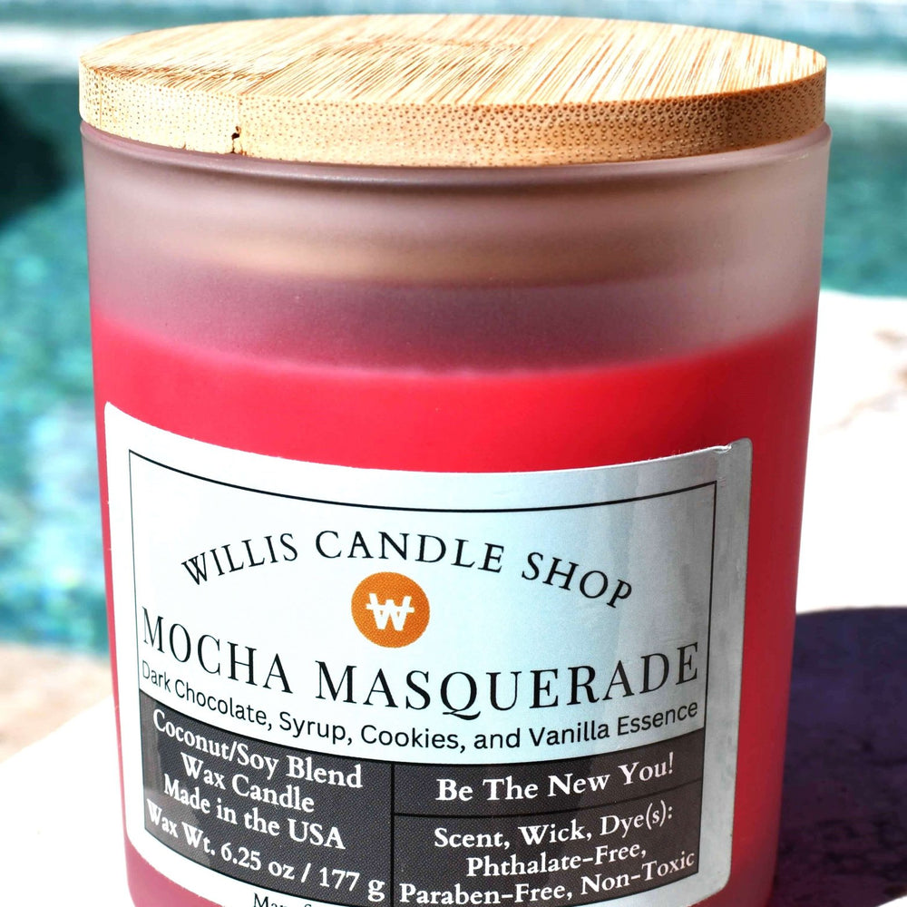 
                  
                    Red coconut and soy 25/75 blended 6.25 ounce candle in a frosted-white vessel with Mocha Masquerade fragrance.
                  
                