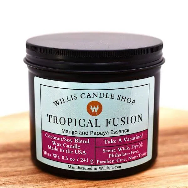 Black tin candle with Tropical Fusion scented candle option aroma candle.