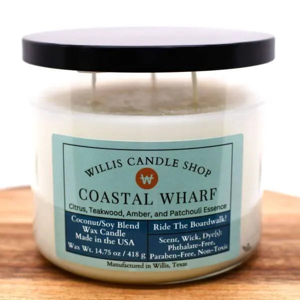 Glass candle with Coastal Wharf scented candle fragrance at Willis Candle Shop.