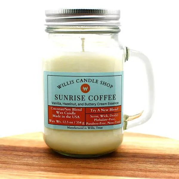 Glass mug jar candle with Sunrise Coffee scented candle option at Willis Candle Shop.