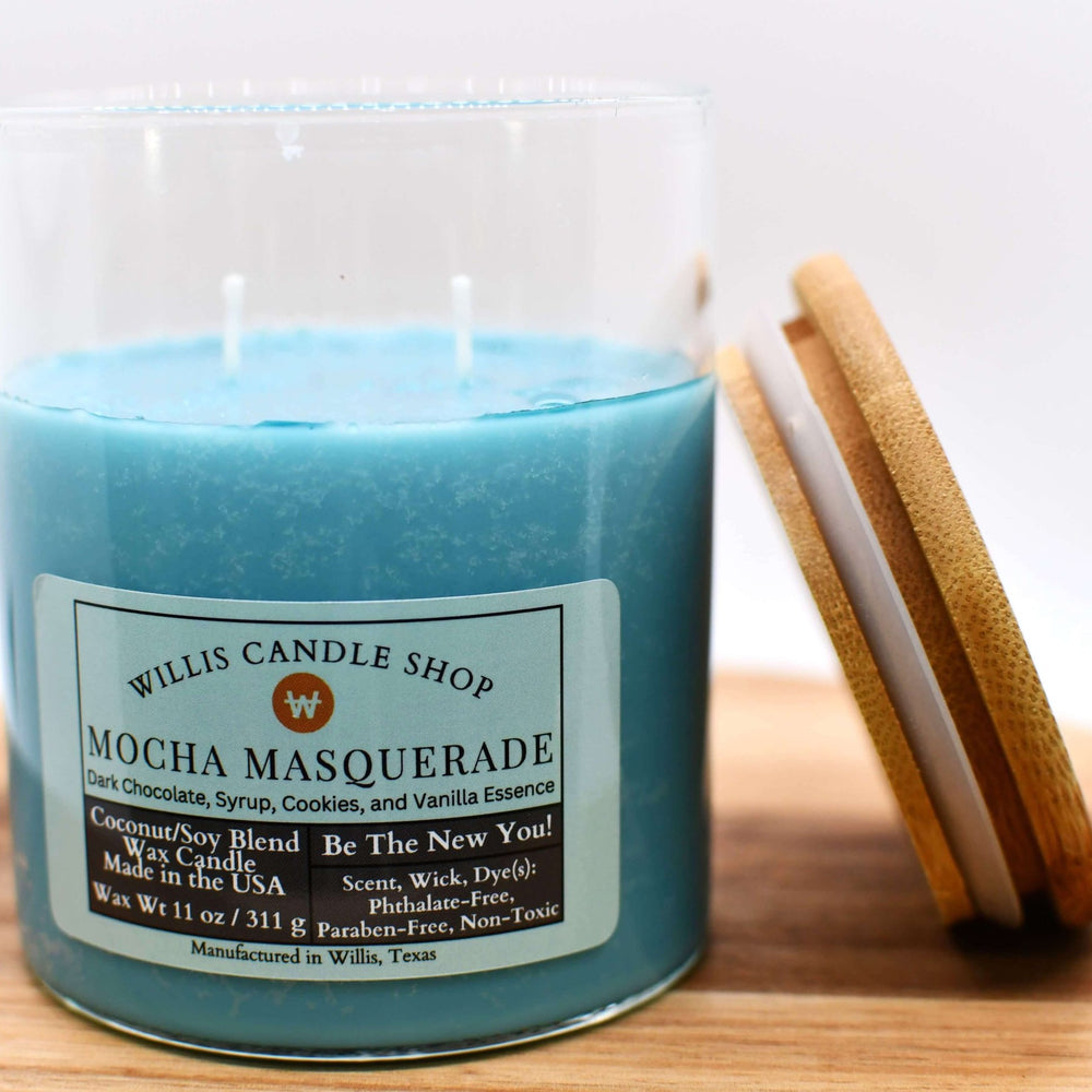 Sea-green coconut and soy 25/75 blended candle dark chocolate, cookies, vanilla, Mocha Masquerade essence.