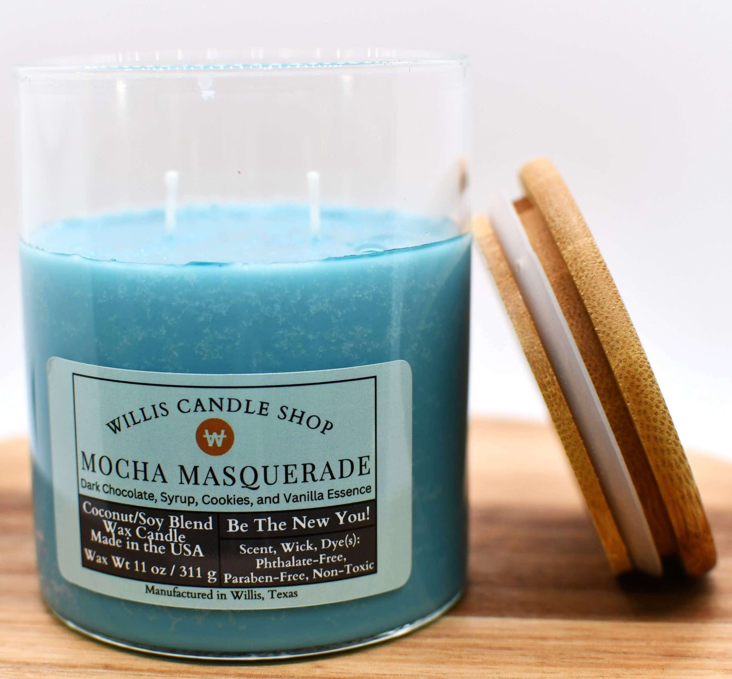 Sea-green coconut and soy 25/75 blended candle dark chocolate, cookies, vanilla, Mocha Masquerade essence.