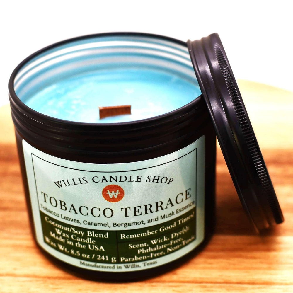 
                  
                    Sea-green Tobacco Terrace wooden wick coconut and soy 25/75 blended 8.5 ounce candle in a 10 ounce black tin.
                  
                