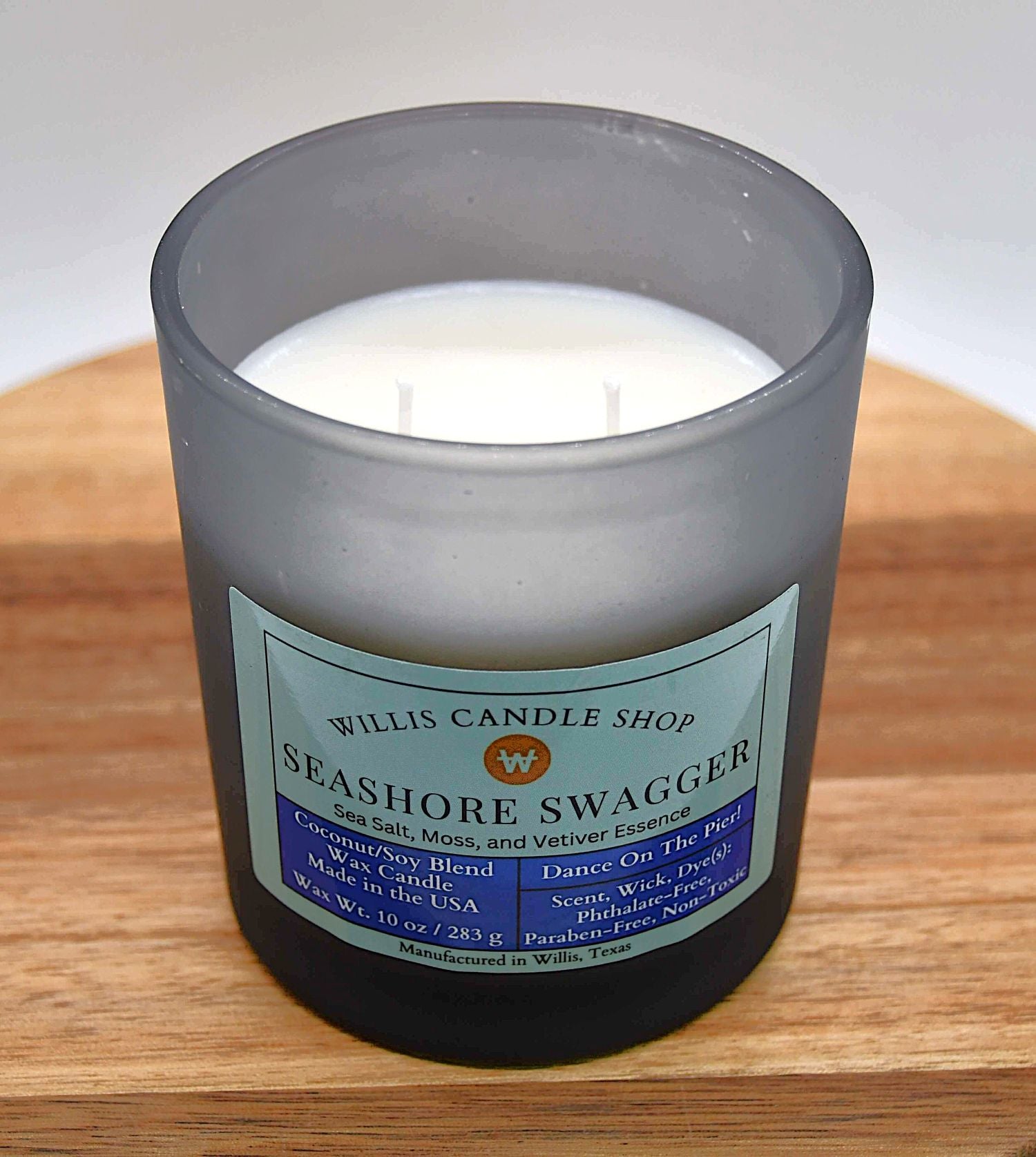 Scented candle with Seashore Swagger fragrant candle option at Willis Candle Shop.