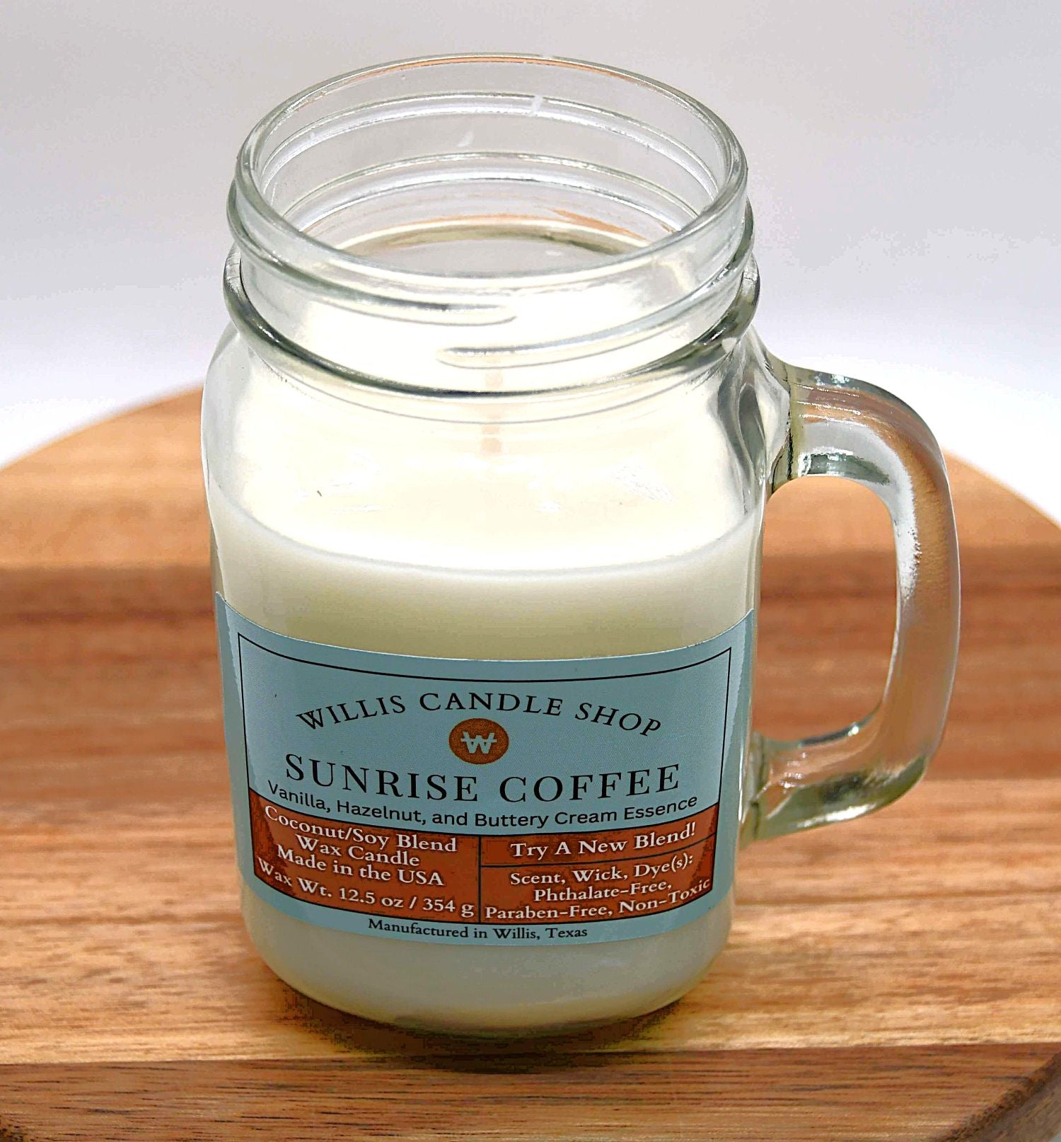 Single wick candle in Sunrise Coffee candle option at Willis Candle Shop.