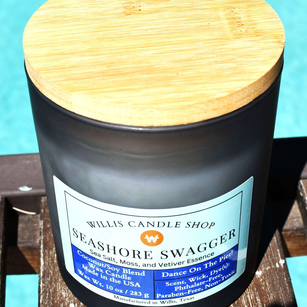 
                  
                    White coconut and soy 25/75 blended candle with sea salt, moss, and vetiver Seashore Swagger fragrance.
                  
                