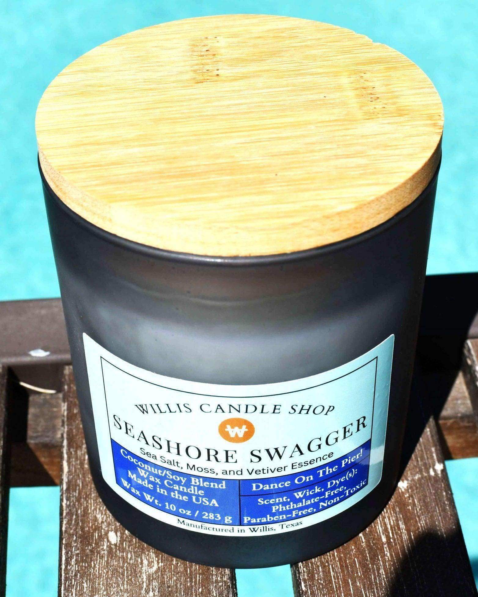 Masculine candle at pool side location at Willis Candle Shop selling candles made in the USA.