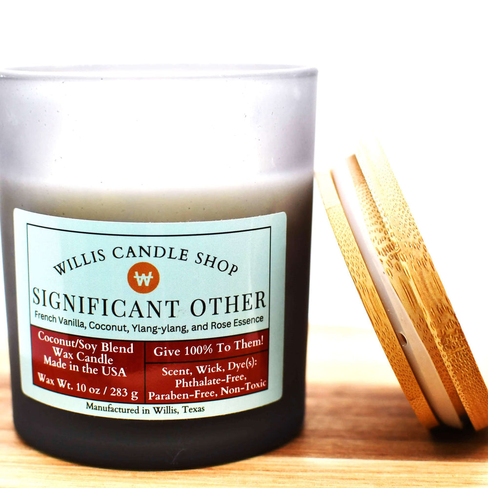 White coconut and soy 25/75 blended candle with Significant Other fragrance in a 14.5 black-frosted container.