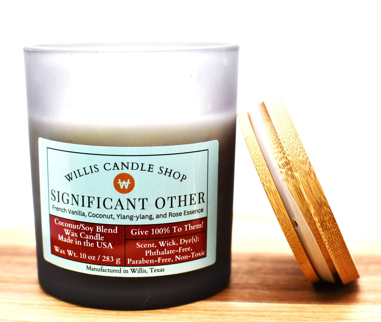 White coconut and soy 25/75 blended candle with Significant Other fragrance in a 14.5 black-frosted container.