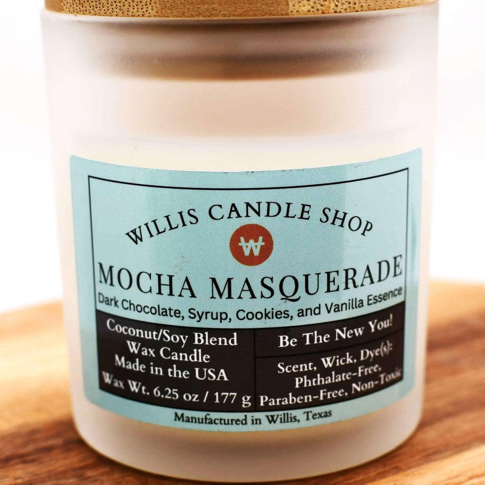 White coconut and soy 25/75 blended candle in a 10 ounce white-frosted glass container with Mocha Masquerade.