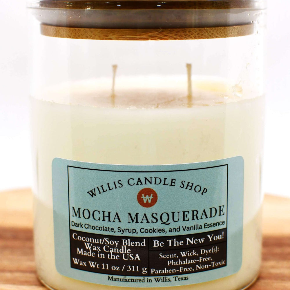 White coconut and soy 25/75 blended candle in an elegant glass container with bamboo lid and Mocha Masquerade.