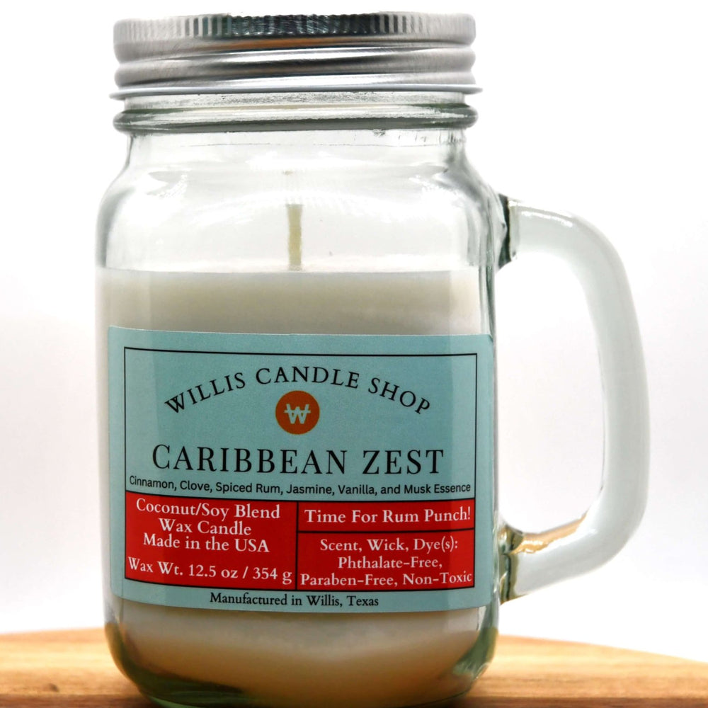 White coconut and soy 25/75 blended candle  in glass mug jar with Caribbean Zest fragrance.