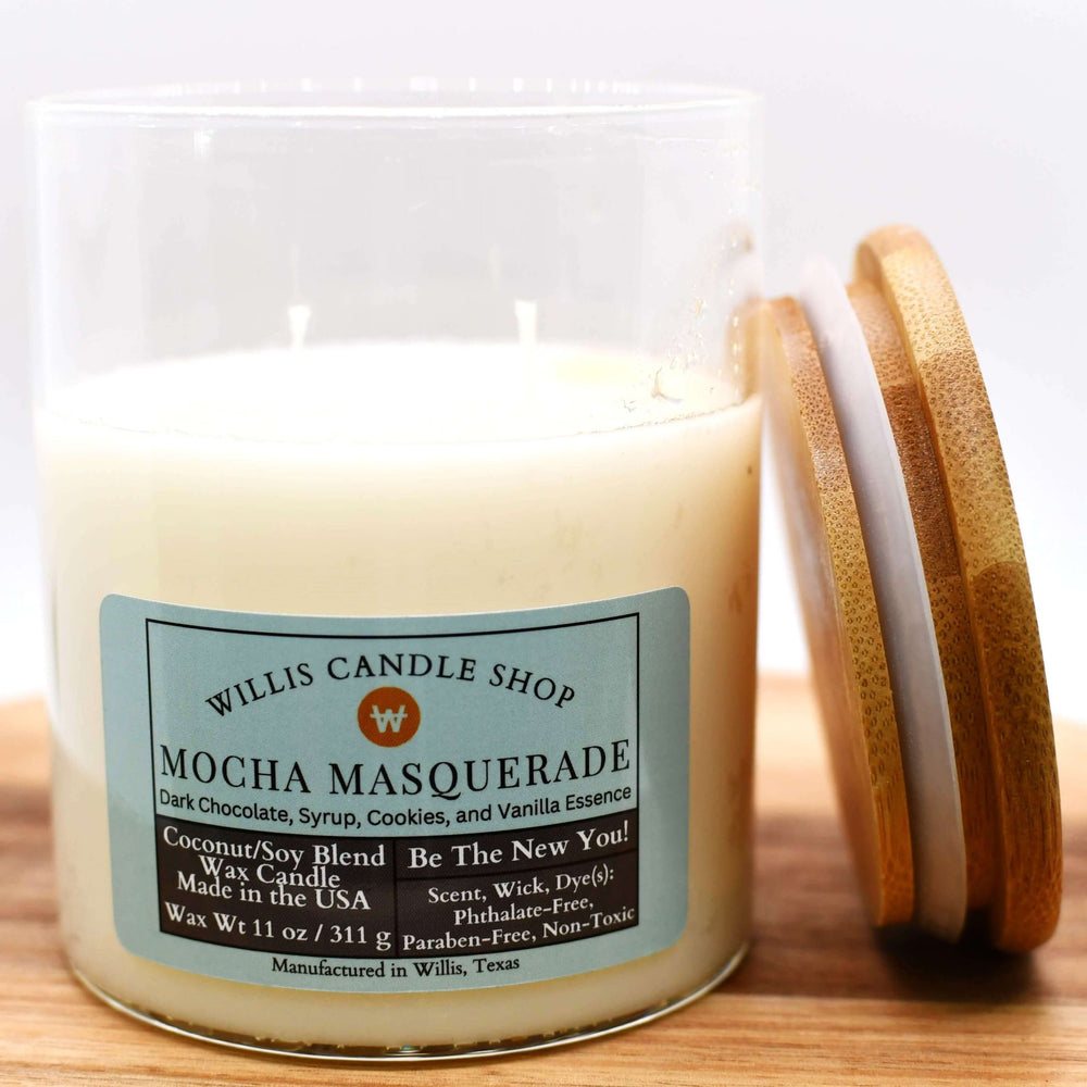 White coconut and soy 25/75 blended candle in a 16 ounce glass container with syrup, cookies, and vanilla essence.