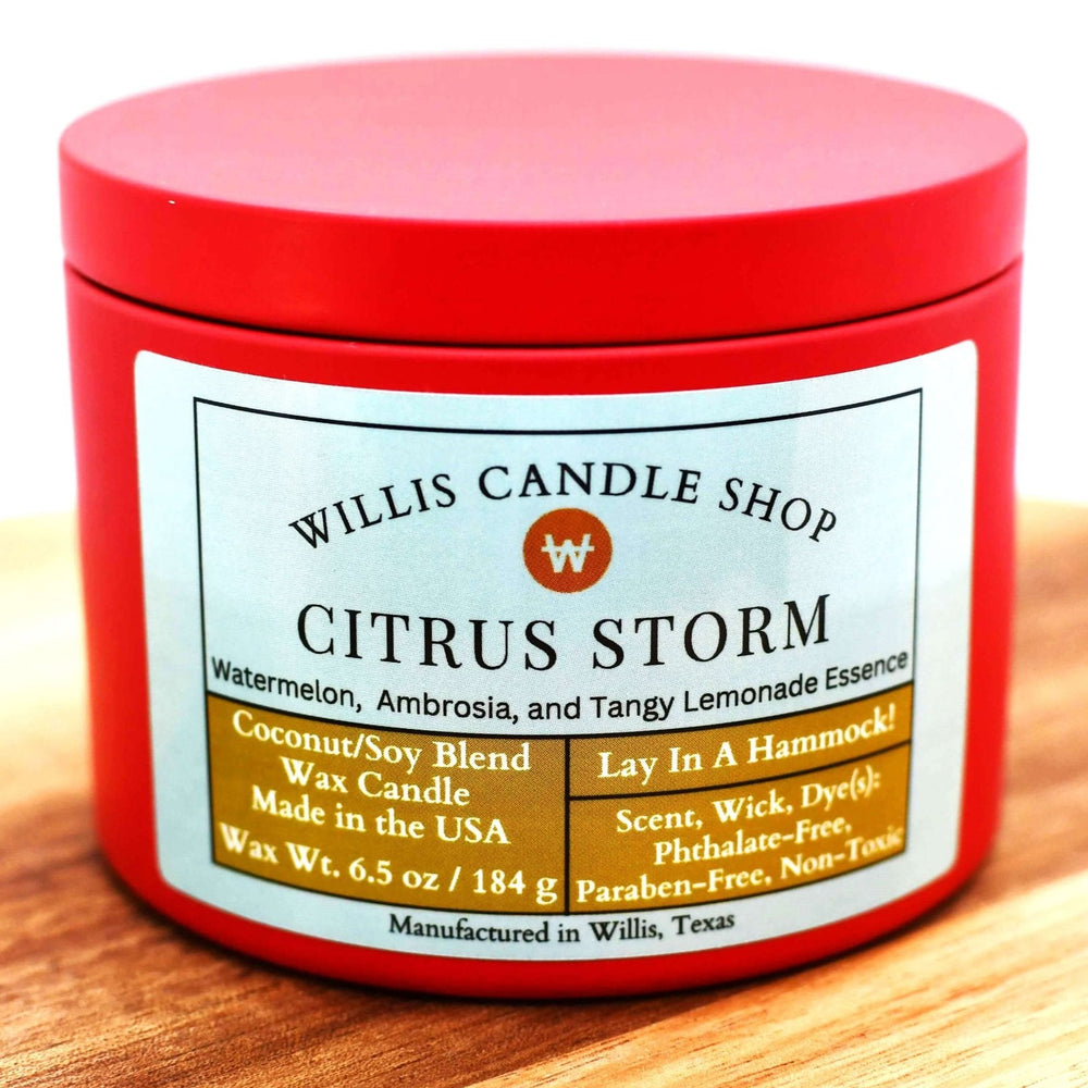 White coconut and soy 25/75 blended candle in 8 ounce red tin with 6.5 ounces of wax and Citrus Storm fragrance.