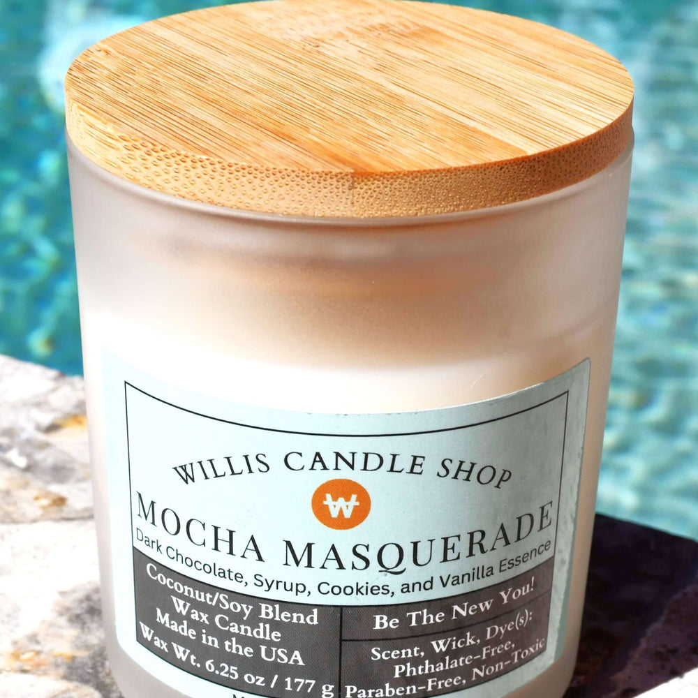 
                  
                    White coconut and soy 25/75 blended candle with 6.25 ounces of wax in a white-frosted container with Mocha Masquerade.
                  
                