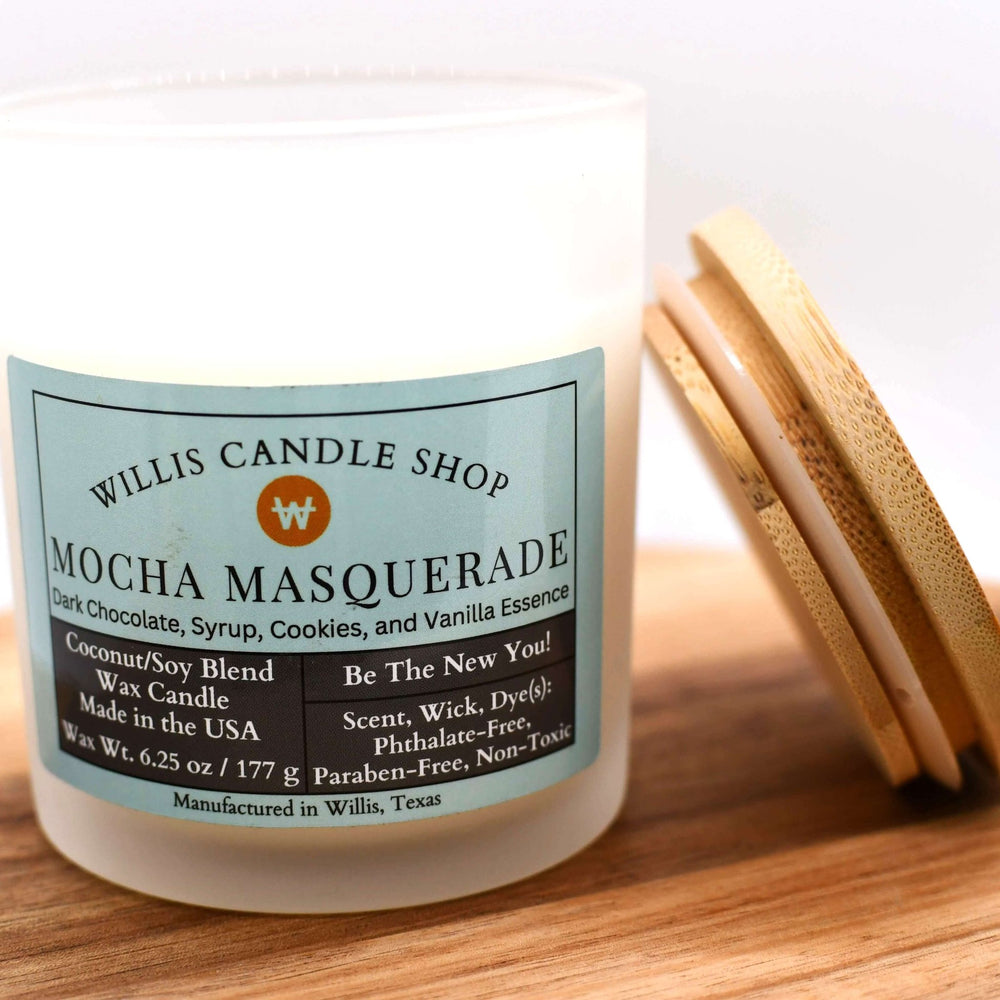 White coconut and soy 25/75 blended candle with dark chocolate, cookies, and vanilla Mocha Masquerade fragrance.