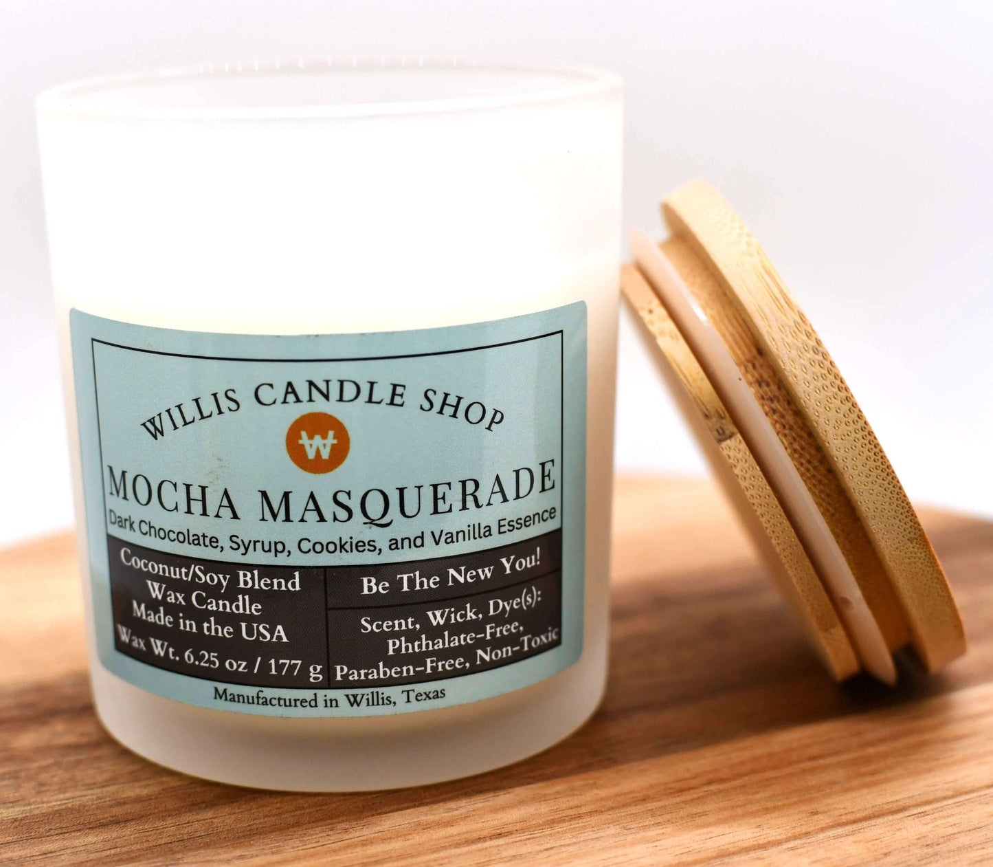 White coconut and soy 25/75 blended candle with dark chocolate, cookies, and vanilla Mocha Masquerade fragrance.