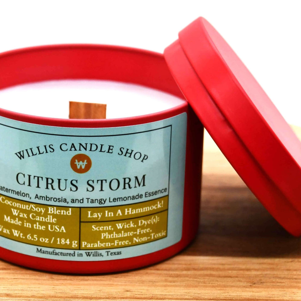 
                  
                    White coconut and soy 25/75 blended wooden wick candle in red tin with watermelon, ambrosia, and tangy lemonade scent.
                  
                