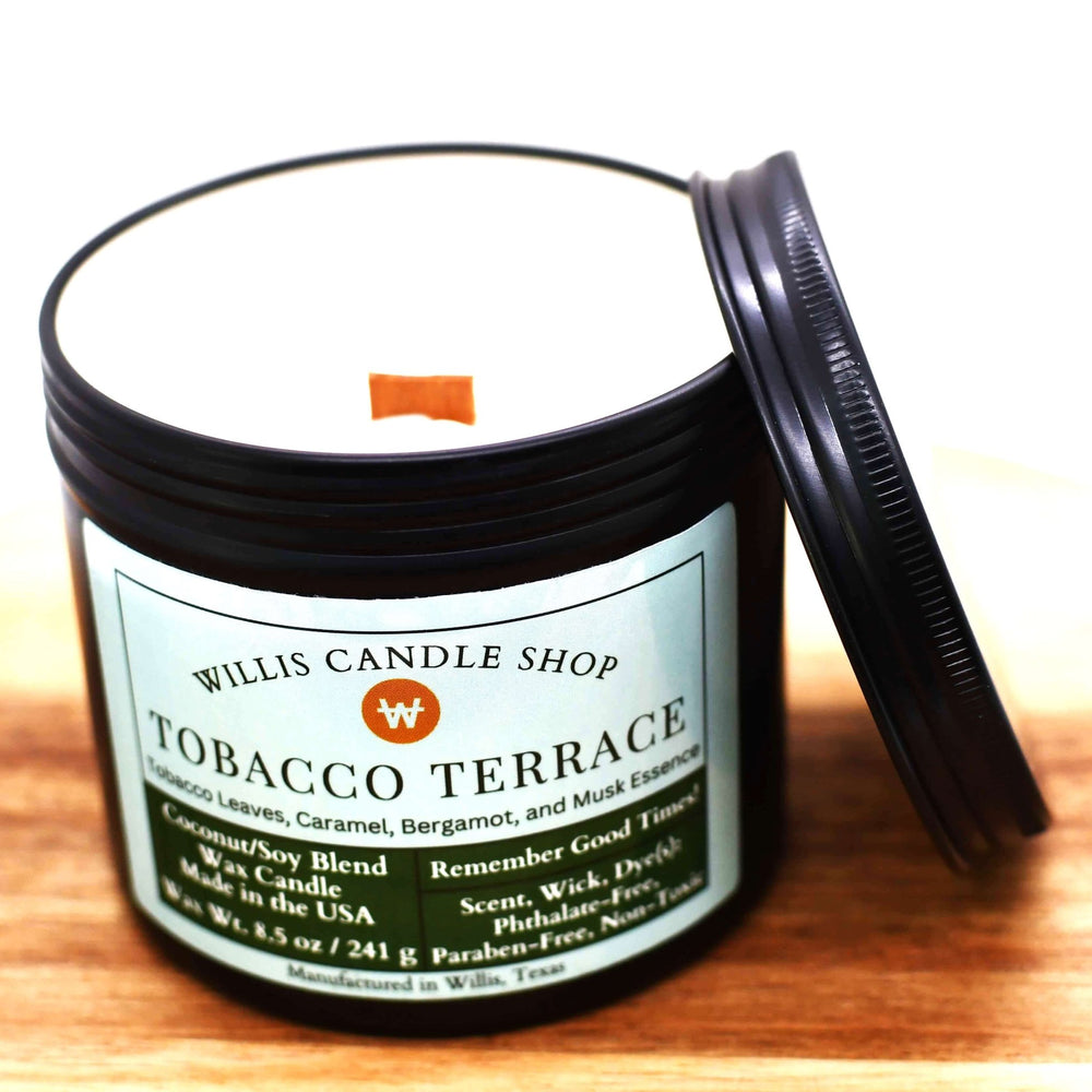 White coconut and soy 25/75 blended Tobacco Terrace wooden wick candle with caramel, bergamot, and musk essence.