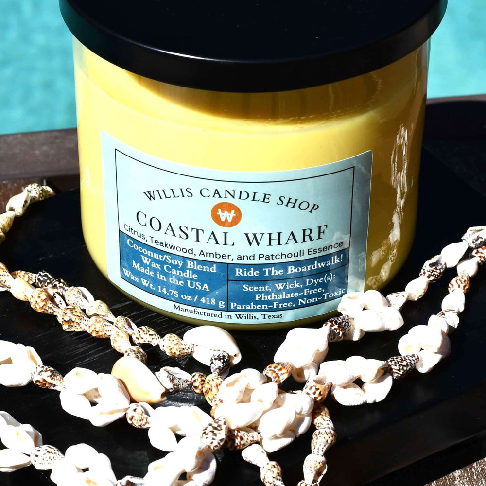 
                  
                    Yellow coconut and soy 25/75 blended candle with citrus, teakwood, amber, and patchouli Coastal Wharf fragrance.
                  
                