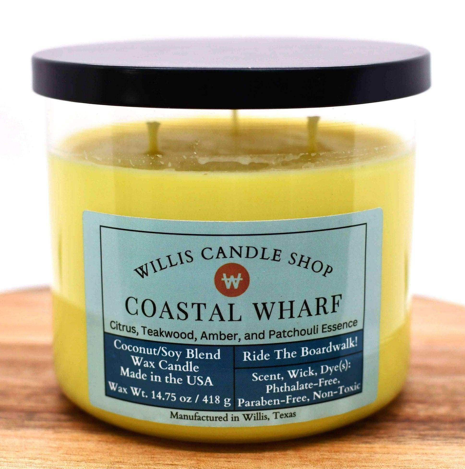 Glass candle with Coastal Wharf scented candle option at the Willis Candle Shop.