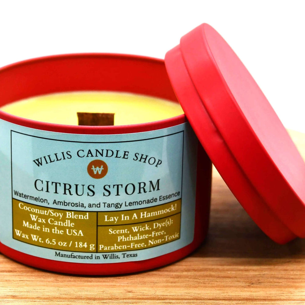 
                  
                    Yellow coconut and soy 25/75 blended candle with wooden wick in 8 ounce red tin with tangy lemonade Citrus Storm scent.
                  
                